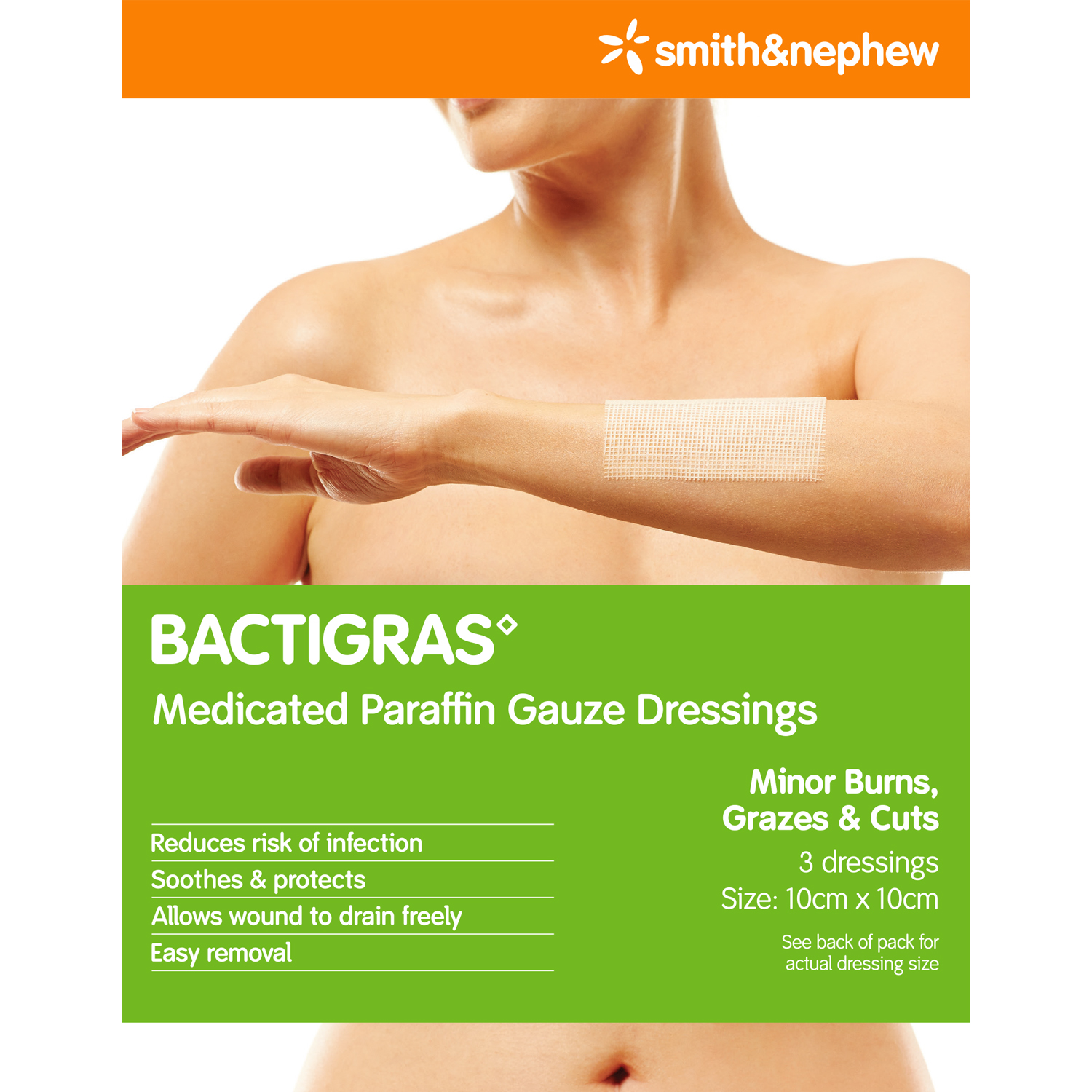 BACTIGRAS Medicated Paraffin Gauze Dressings 10cmx10cm 3 Dressings