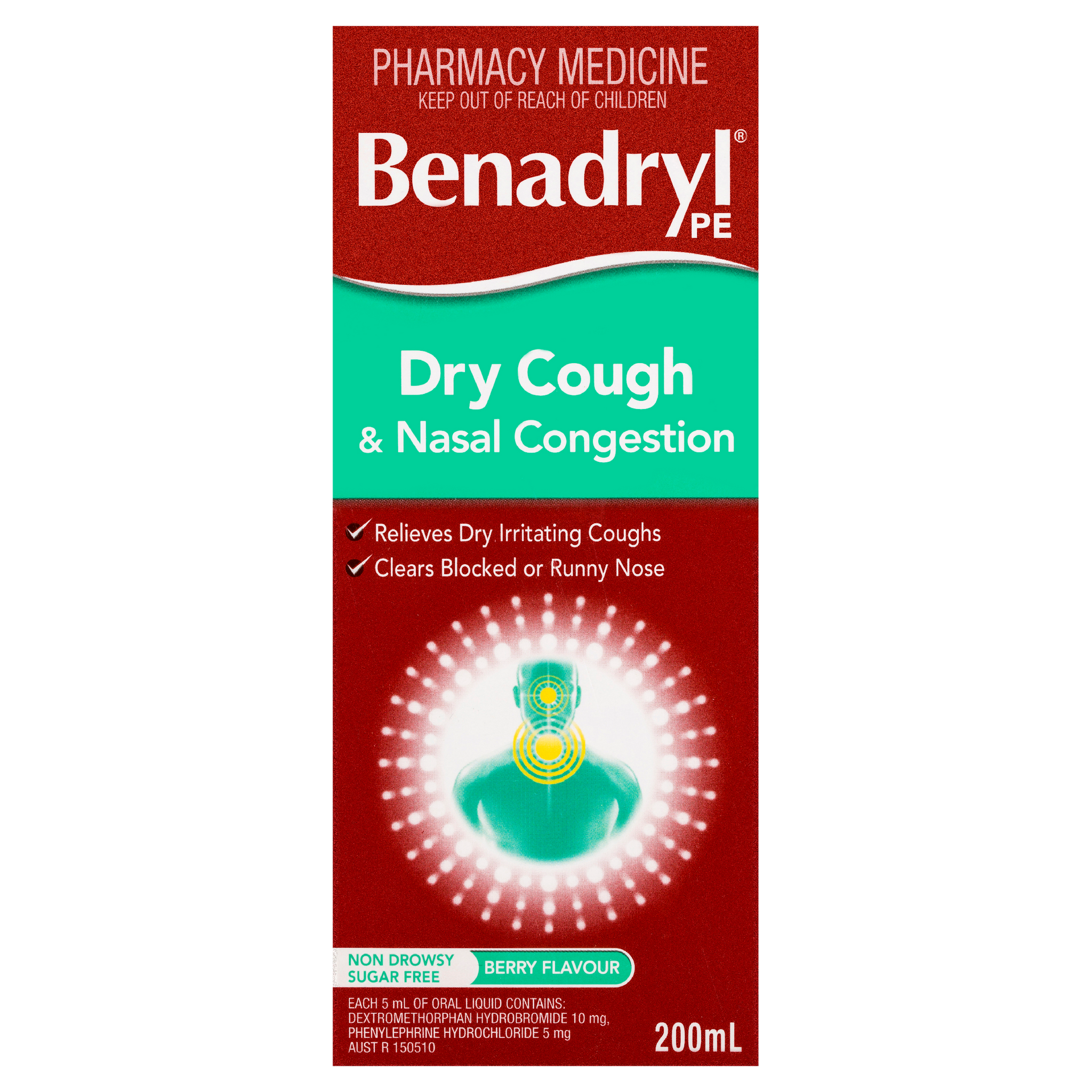 Benadryl PE Dry Cough & Nasal Congestion Liquid Berry Flavour 200mL