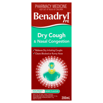 Benadryl PE Dry Cough & Nasal Congestion Liquid Berry Flavour 200mL