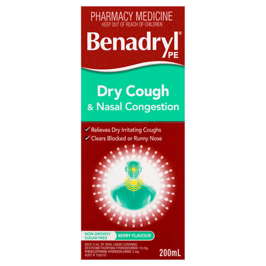 Benadryl PE Dry Cough & Nasal Congestion Liquid Berry Flavour 200mL