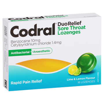 Codral Sore Throat Relief Lozenges Antibacterial + Anaesthetic Lime & Lemon 16 Pack