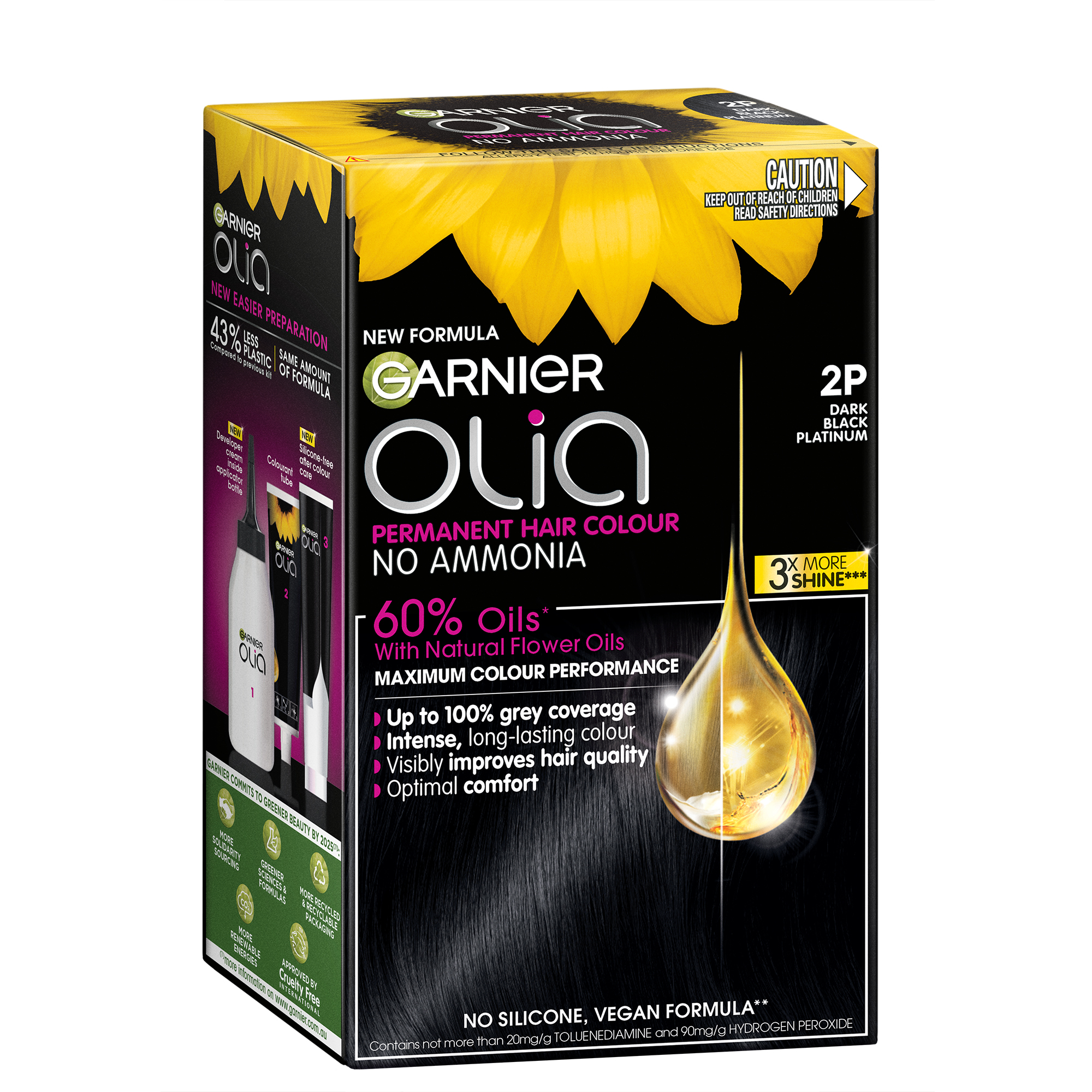 Garnier Olia 2P Platinum Black Permanent Hair Colour No Ammonia, 60% Oils