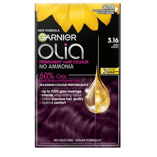 Garnier Olia 3.16 Deep Violet Permanent Hair Colour No Ammonia, 60% Oils