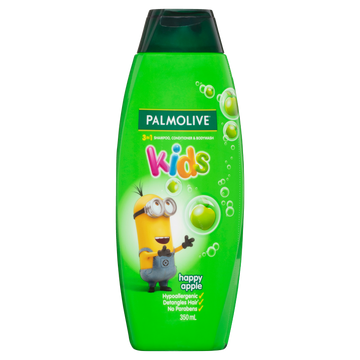 Palmolive Kids 3 in 1 Hair Shampoo, Conditioner & Body Wash 350mL, Minions Happy Apple, Hypoallergenic, Detangles Hair, No Parabens