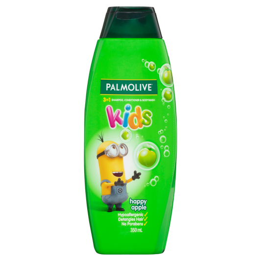 Palmolive Kids 3 in 1 Hair Shampoo, Conditioner & Body Wash 350mL, Minions Happy Apple, Hypoallergenic, Detangles Hair, No Parabens