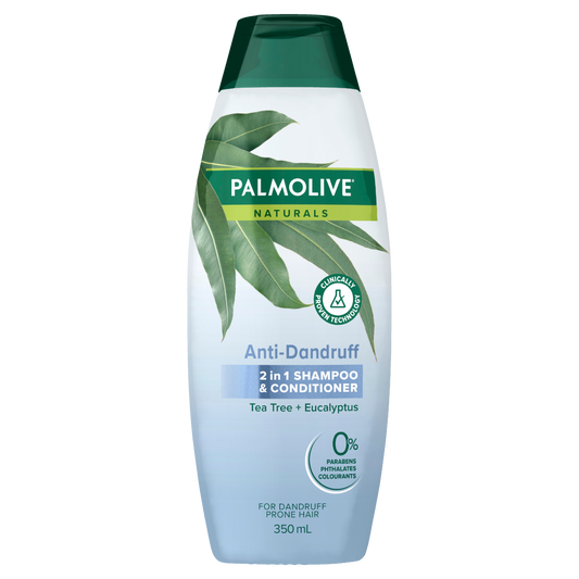 Palmolive Naturals Anti Dandruff 2 in 1 Hair Shampoo and Conditioner, 350mL, Tea Tree & Eucalyptus for Dandruff Prone Hair, No Parabens Phthalates or Colourants, Clinically Proven Technology