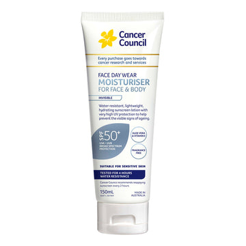 Cancer Council Face & Body Moisturiser Water-resistant SPF50+ Invisible 150 ml