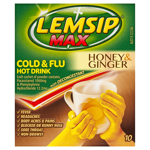 Lemsip Max Cold & Flu Drink with Decongestant, Honey & Ginger 10 pack