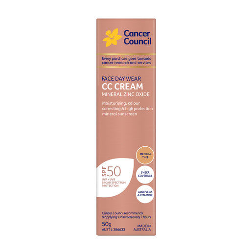 Cancer Council Face Day Wear CC Cream Mineral Zinc Oxide Medium Tint SPF50 50 g